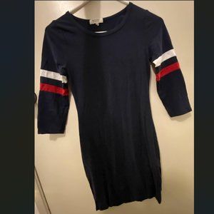 Bodycon - Navy 3/4 sleeve Dress with Red & white stripe detailing